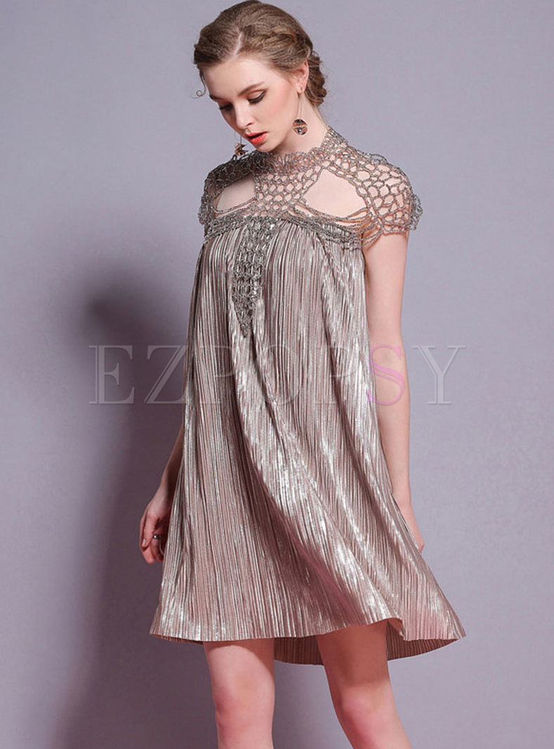 Chic Hollow Out Shawl Pleated Shift Dress