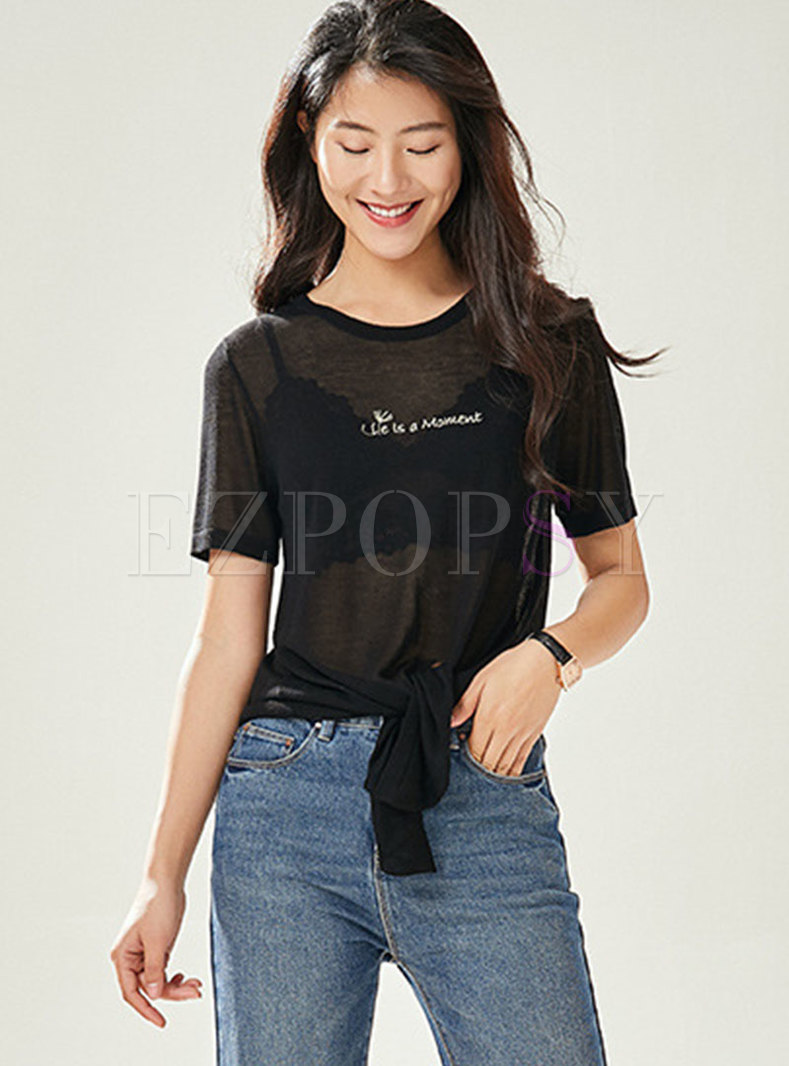 Casual Letter Embroidered O-neck Tied T-shirt
