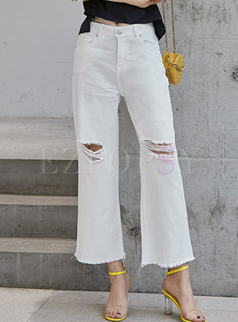 Casual High Waist Ripped Flare Pants