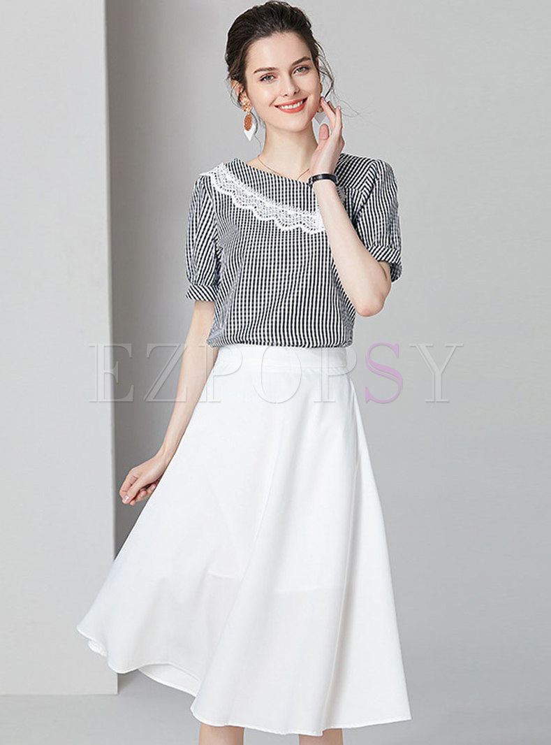 Lace Splicing Striped Backless Top & Casual White Skirt