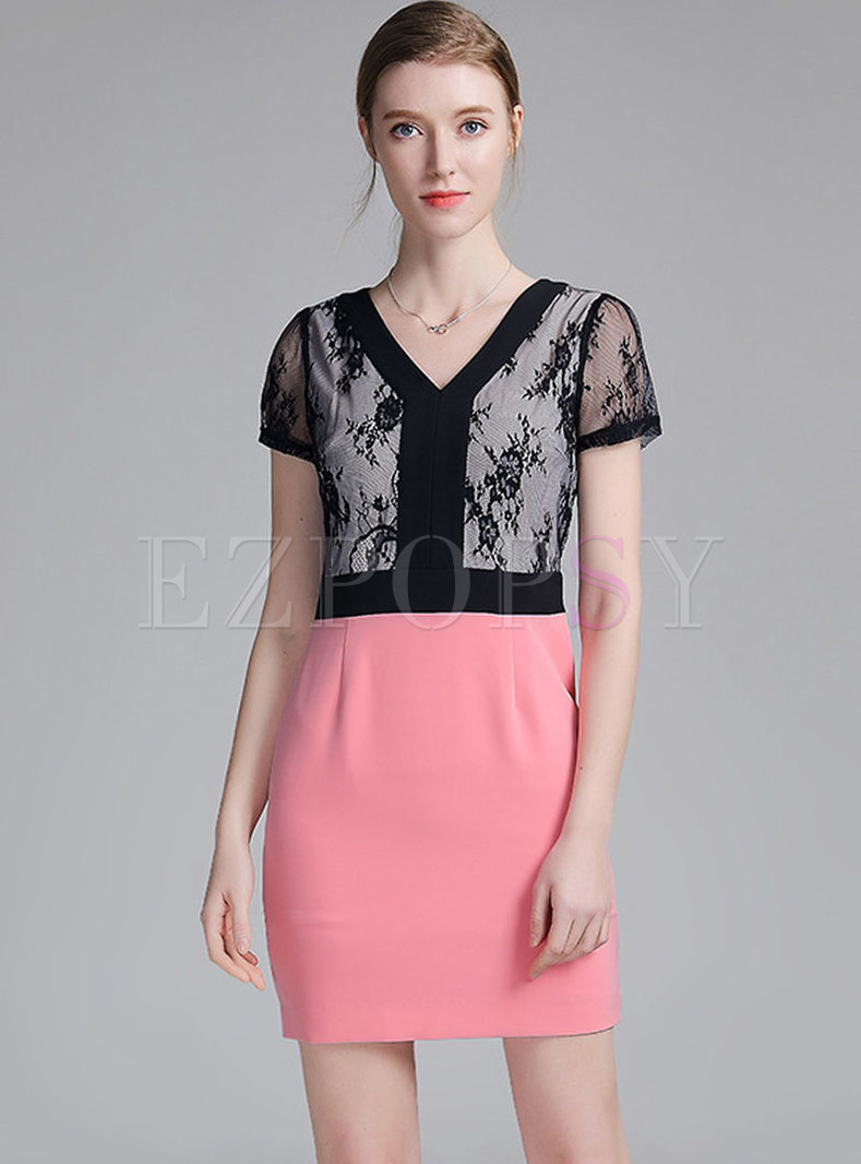 Stylish Color-blocked Splicing Perspective Bodycon Dress