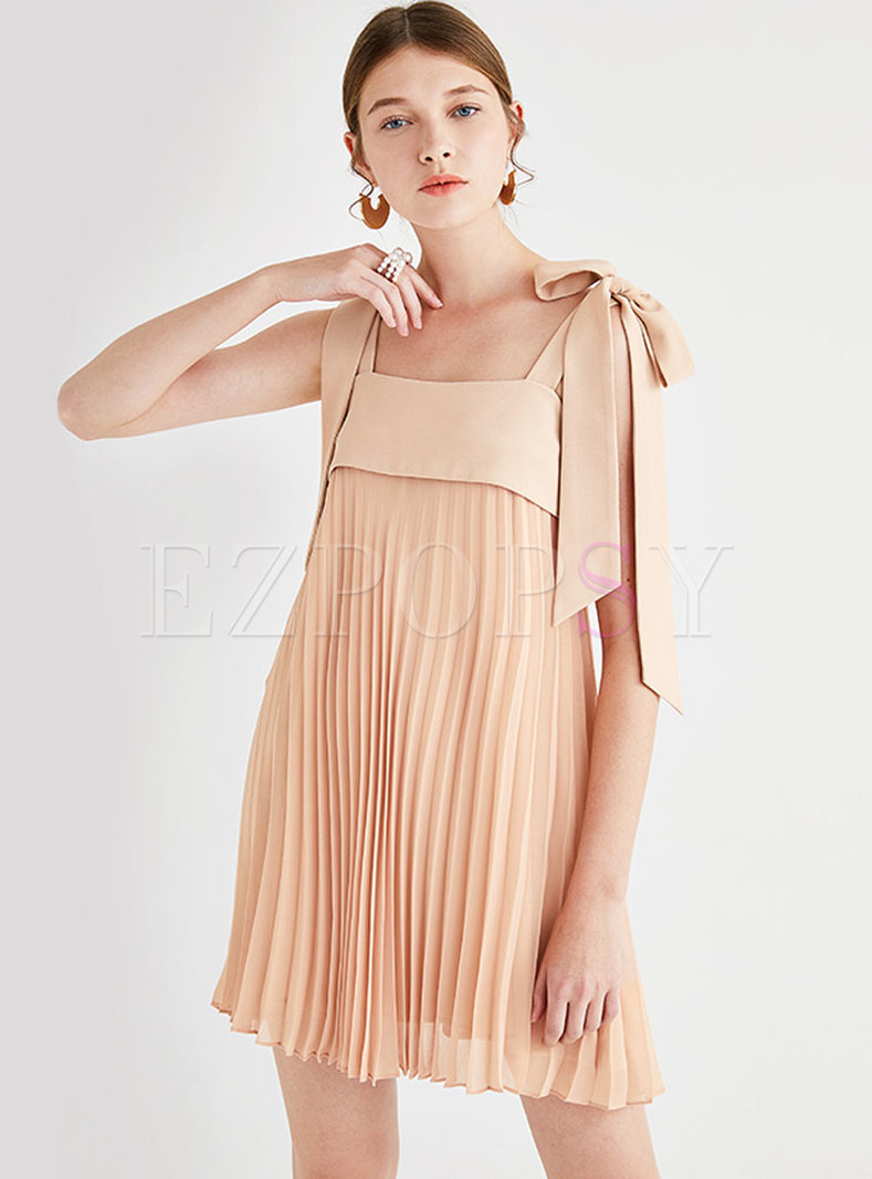 Pure Color Square Neck Tied Backless Pleated Mini Dress