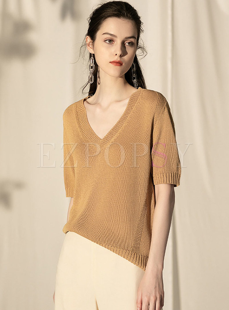 V-neck Pure Color Short Sleeve Pullover Sweater