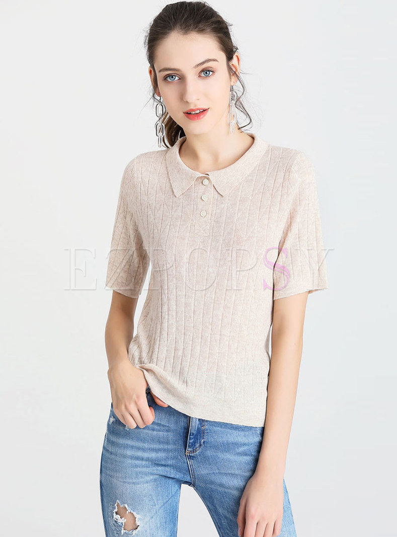 Brief Beige Polo Collar Comfortable Knitted Top 