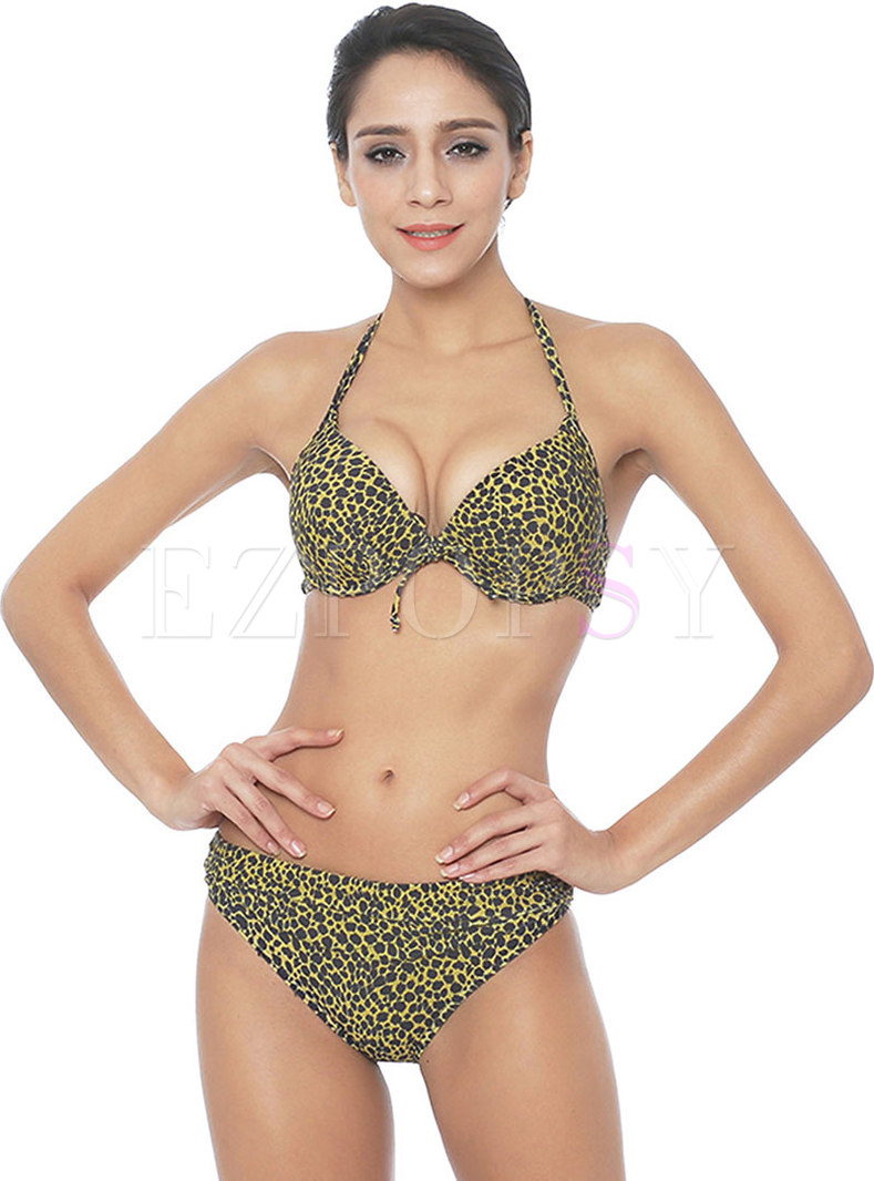 Sexy Leopard Tied Halter Neck Bikini