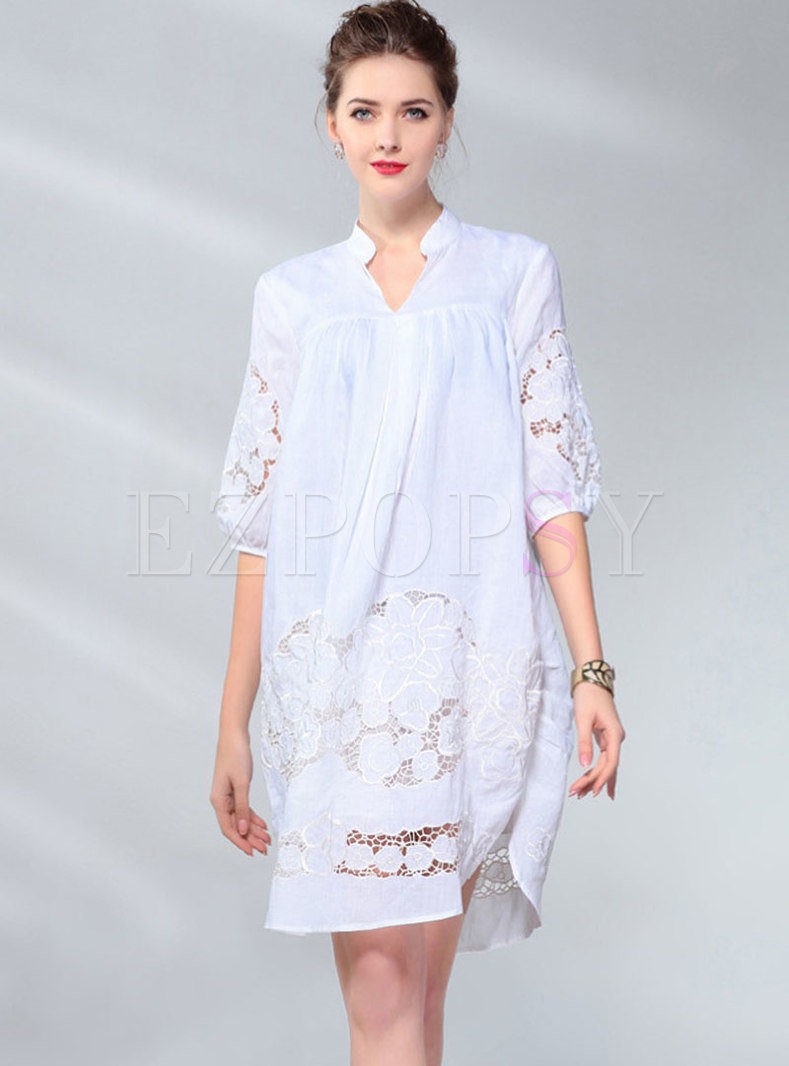 Embroidered Hollow Out Pure Color Shift Dress