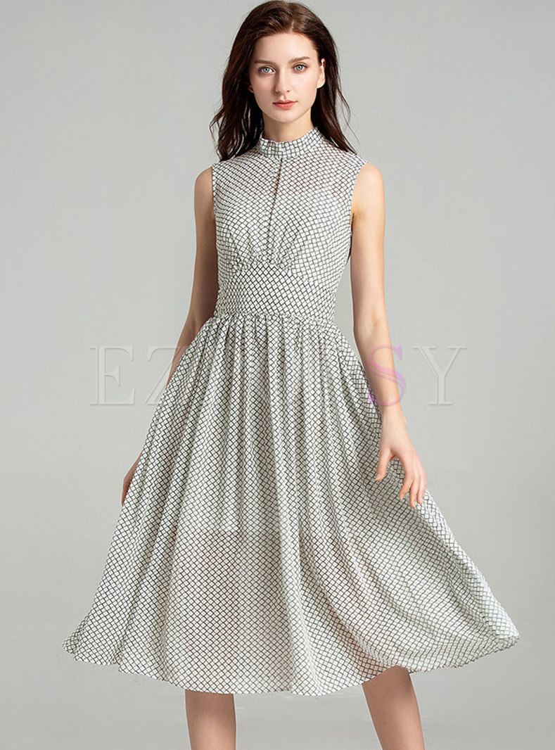 Geometric Pattern Sleeveless High Waist Pleated Dress