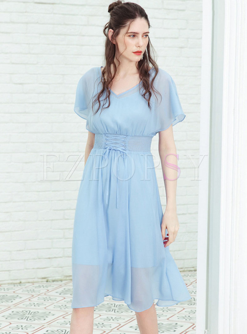 Casual Pure Color Gathered Waist Tied Skater Dress
