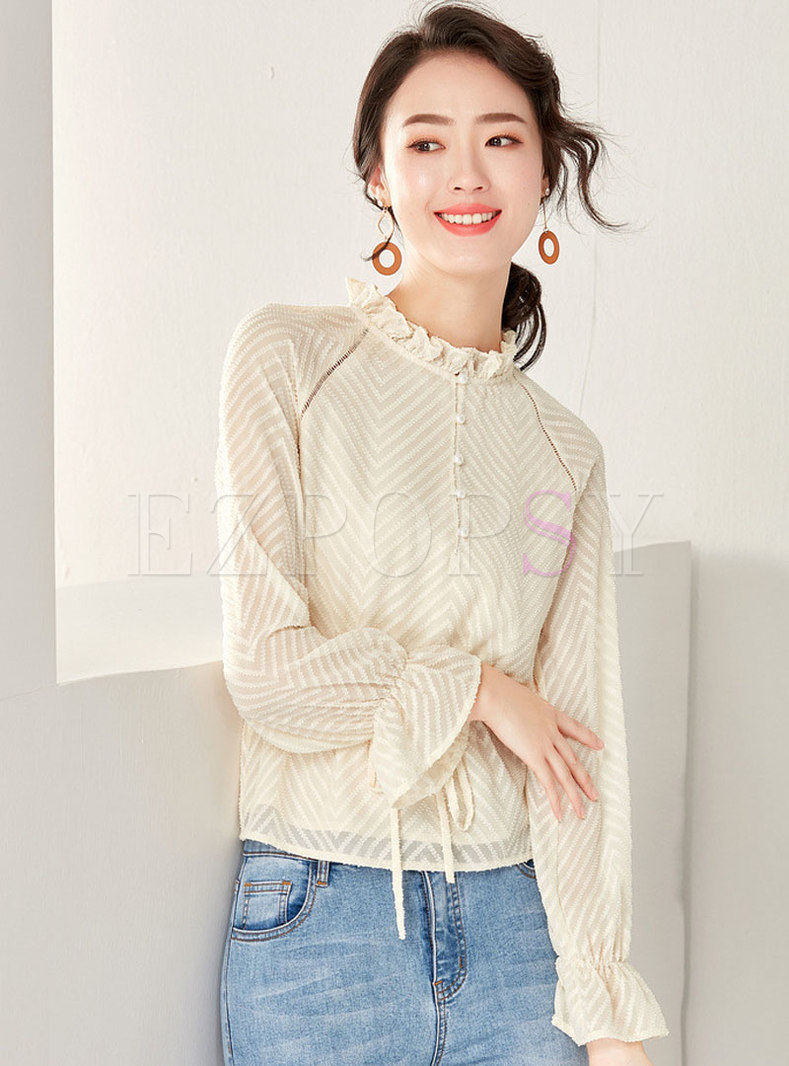 Brief Striped Lace Flare Sleeve Gathered Waist Top 