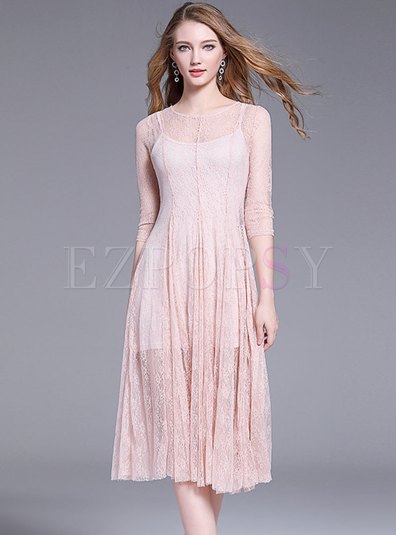 Chic Lace See-though Hollow Out Pleated Dress