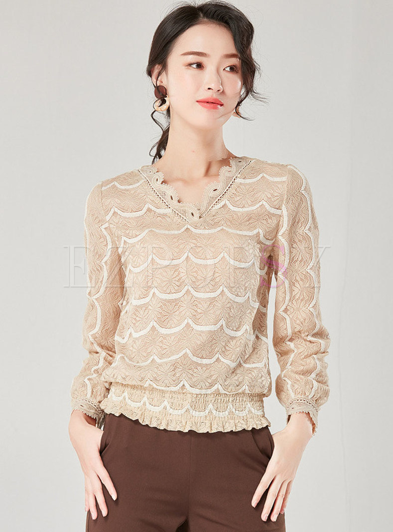 Lace Hollow Out V-neck Slim Pullover Top 