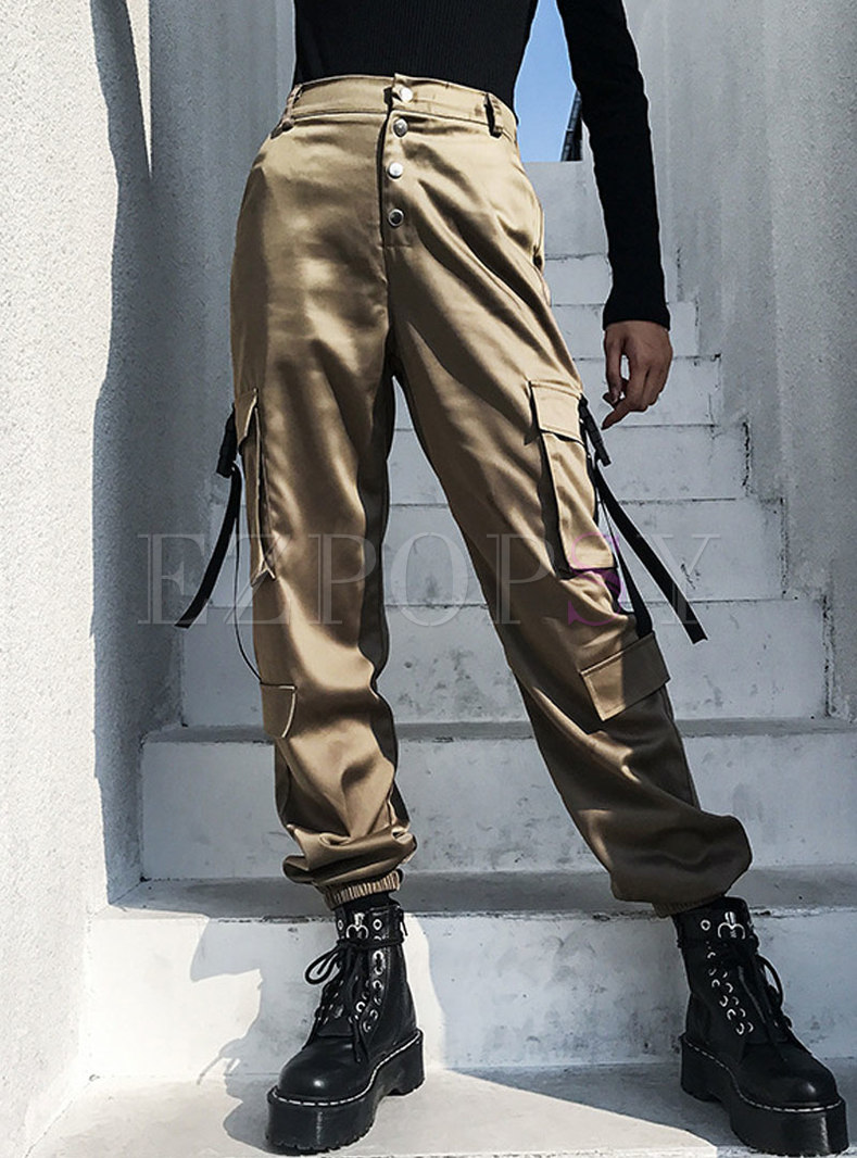 Chic Pure Color Multi-breasted Ribbon Cargo Pants