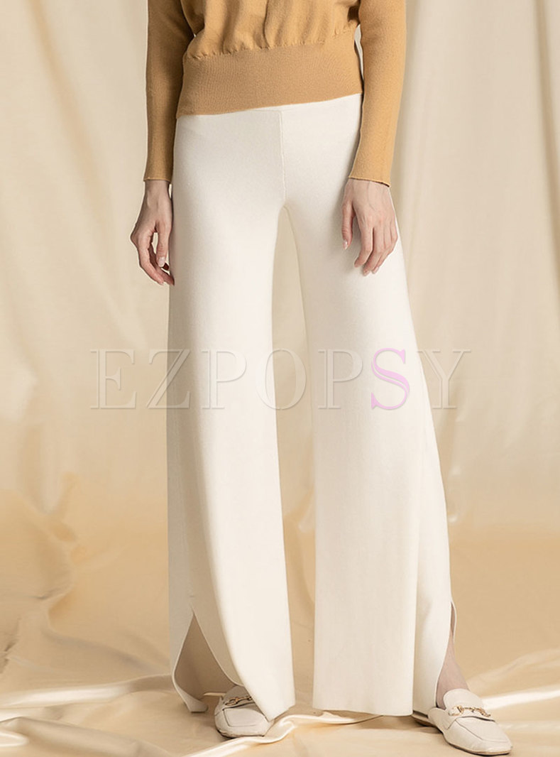 Solid Color High Waist Knitted Loose Wide Leg Pants