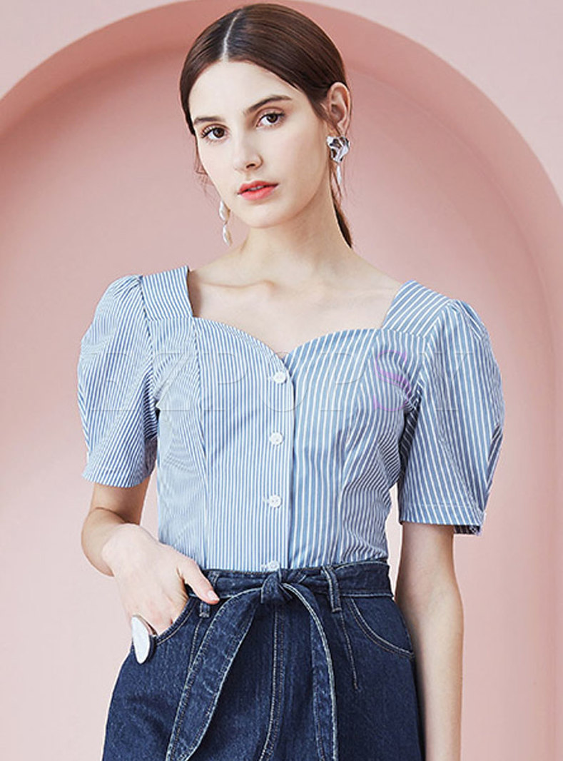Blue And White Striped Retro Puff Sleeve Blouse