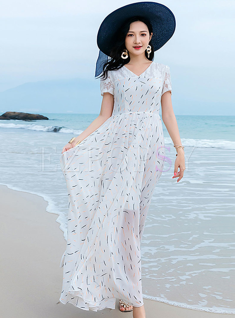 Dresses | Maxi Dresses | Chiffon Floral V-neck Beach Vacation Maxi Dress