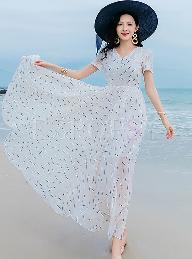 Dresses | Maxi Dresses | Chiffon Floral V-neck Beach Vacation Maxi Dress