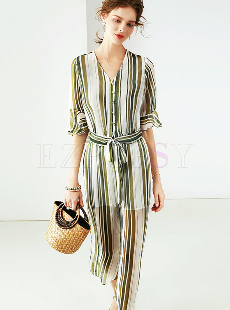 Stylish Silk V-neck Striped Tied Two Piece Outfits