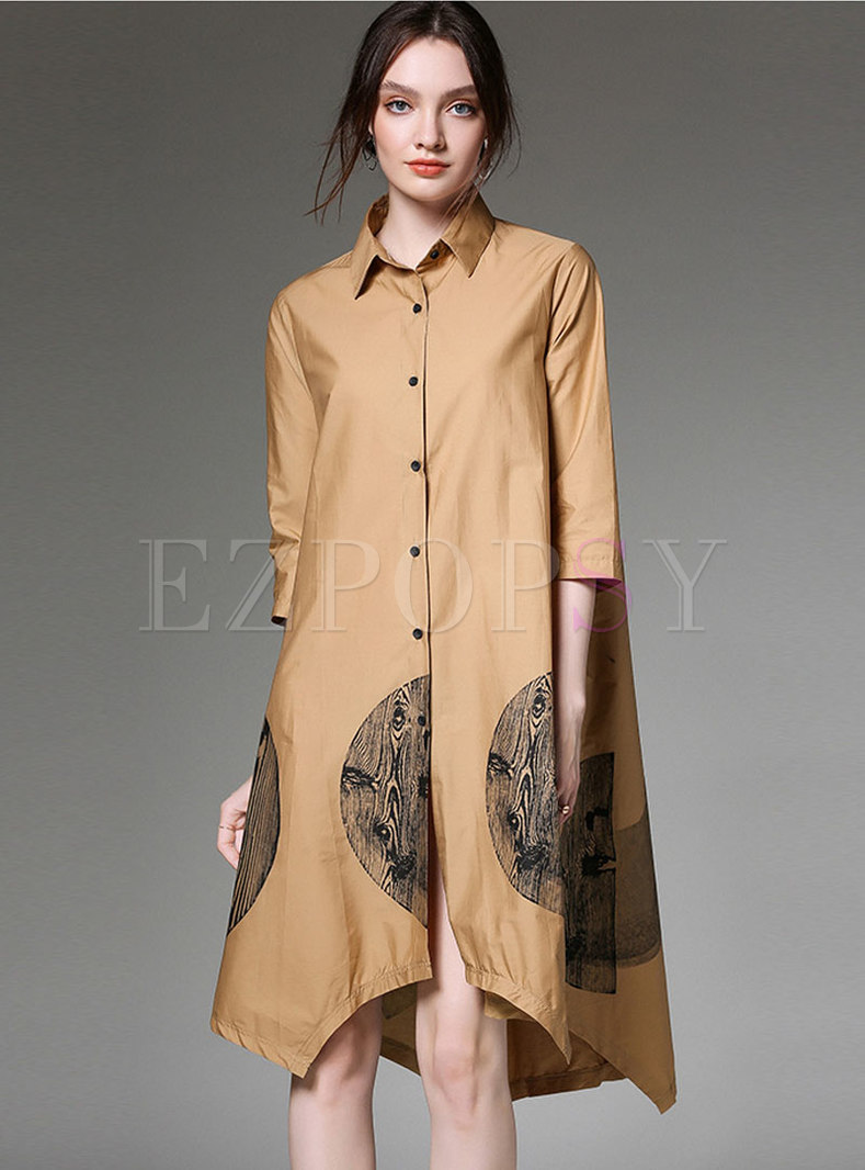 Asymmetric Lapel Print Khaki Loose T-shirt Dress