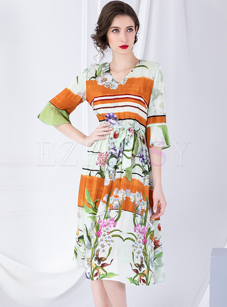 Multi Color Print Silk Flare Sleeve A Line Dress