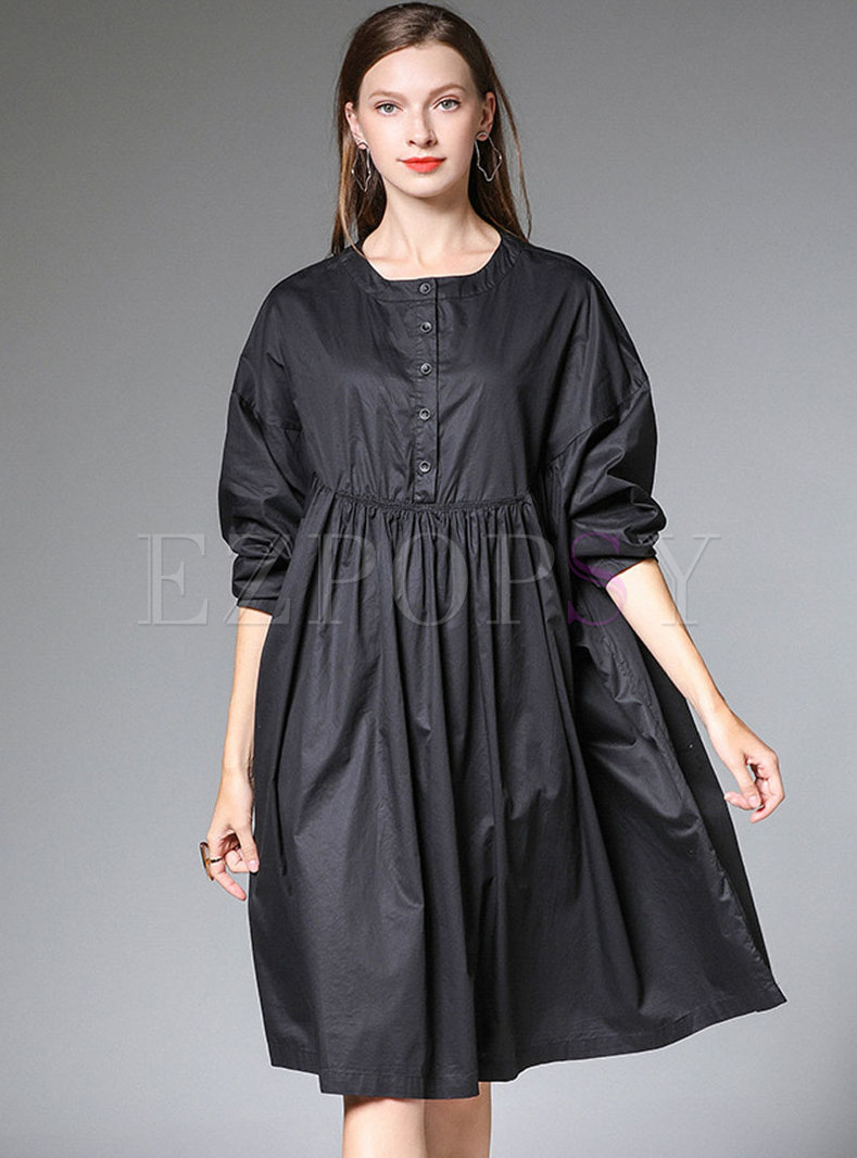 Black Plus Size Pleated Loose Cotton T-shirt Dress