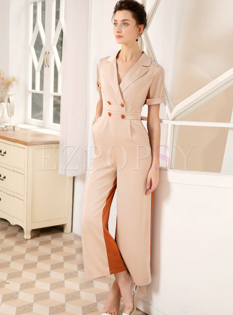 Color-blocked Splicing Double-breasted Jumpsuit