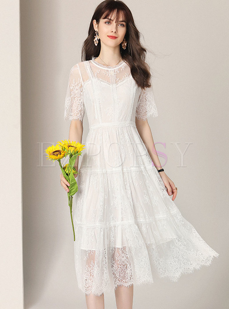 See-though O-neck Lace Slim Skater Dress
