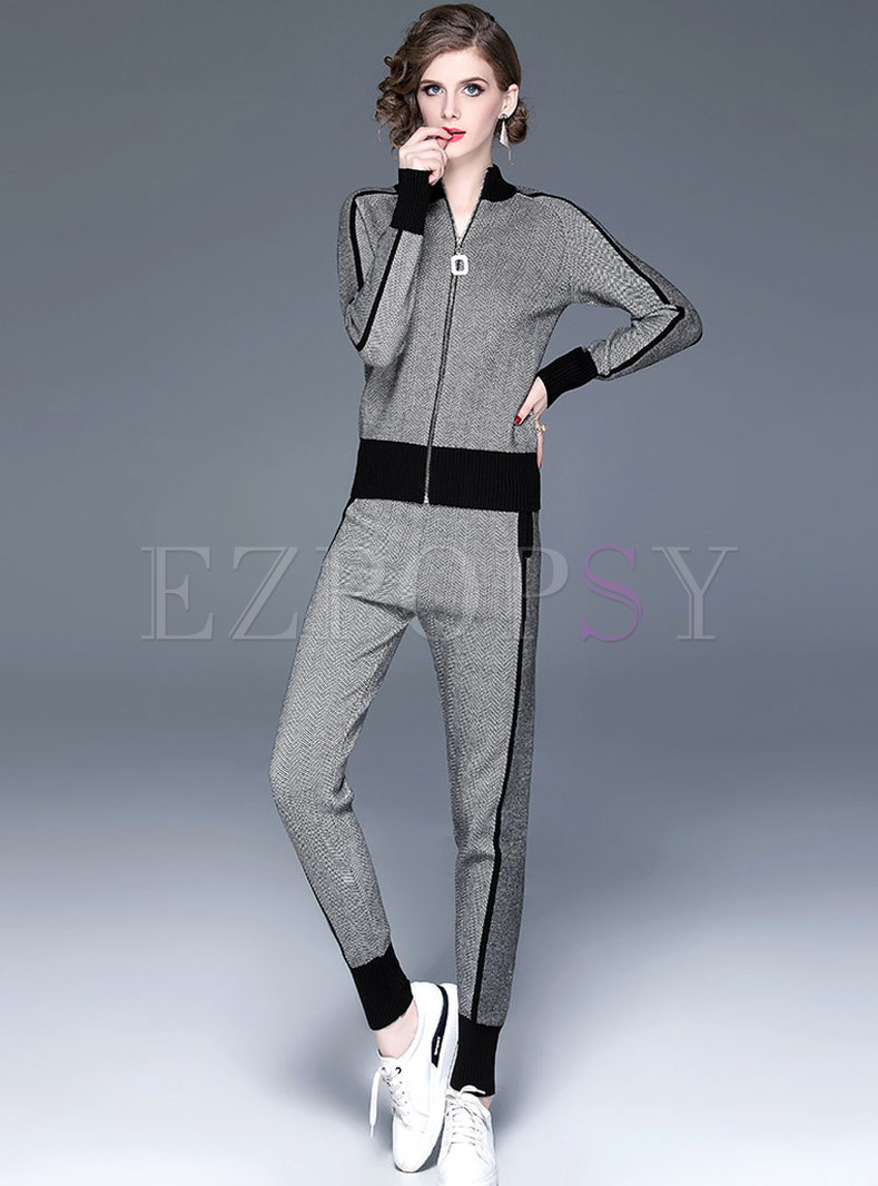 Striped Color-blocked Patchwork Knitted Pant Suits