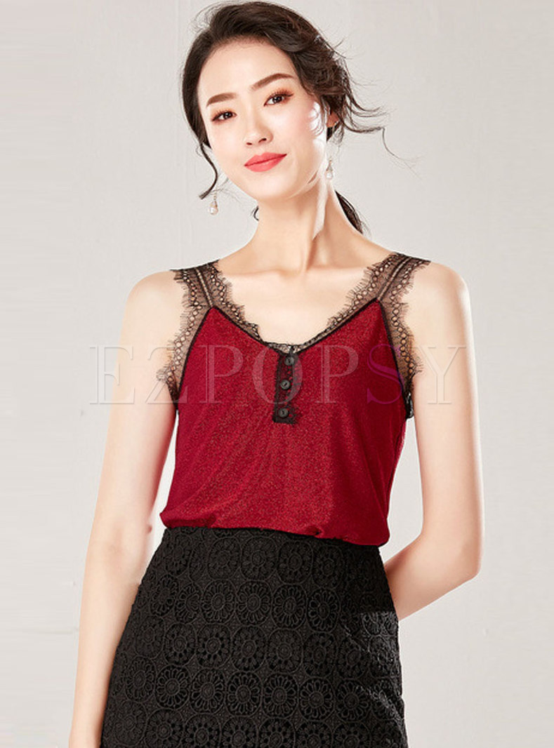Lace Splicing V-neck Button Backless Knitted Cami