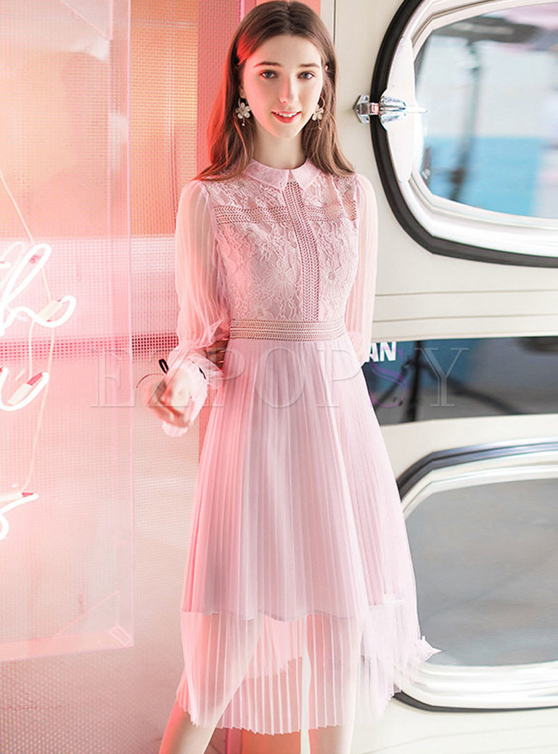 Fashion Lace Hollow Out Pleated Skater Dress