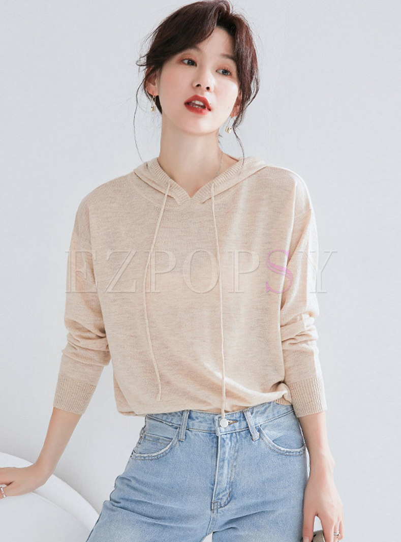 Stylish Apricot Hooded Loose Pullover Sweater