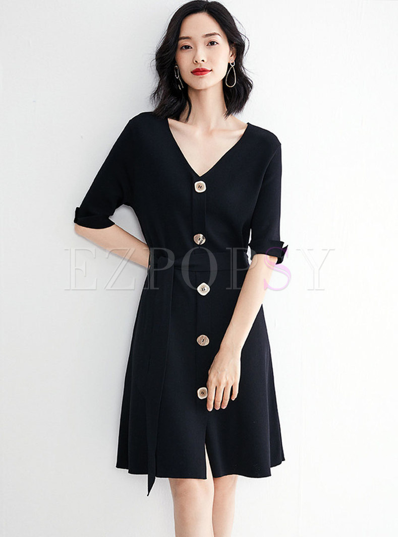 Casual Gathered Waist Tied Black Slim Knitted Dress