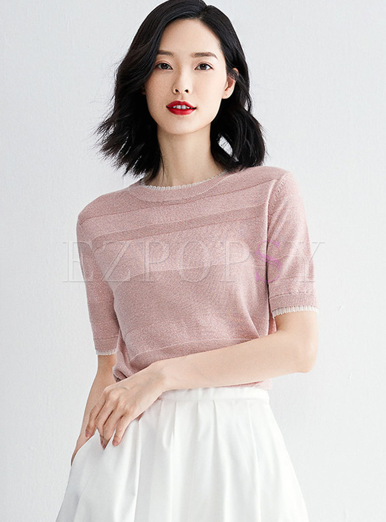 Brief Striped Pink Short Sleeve Pullover Sweater