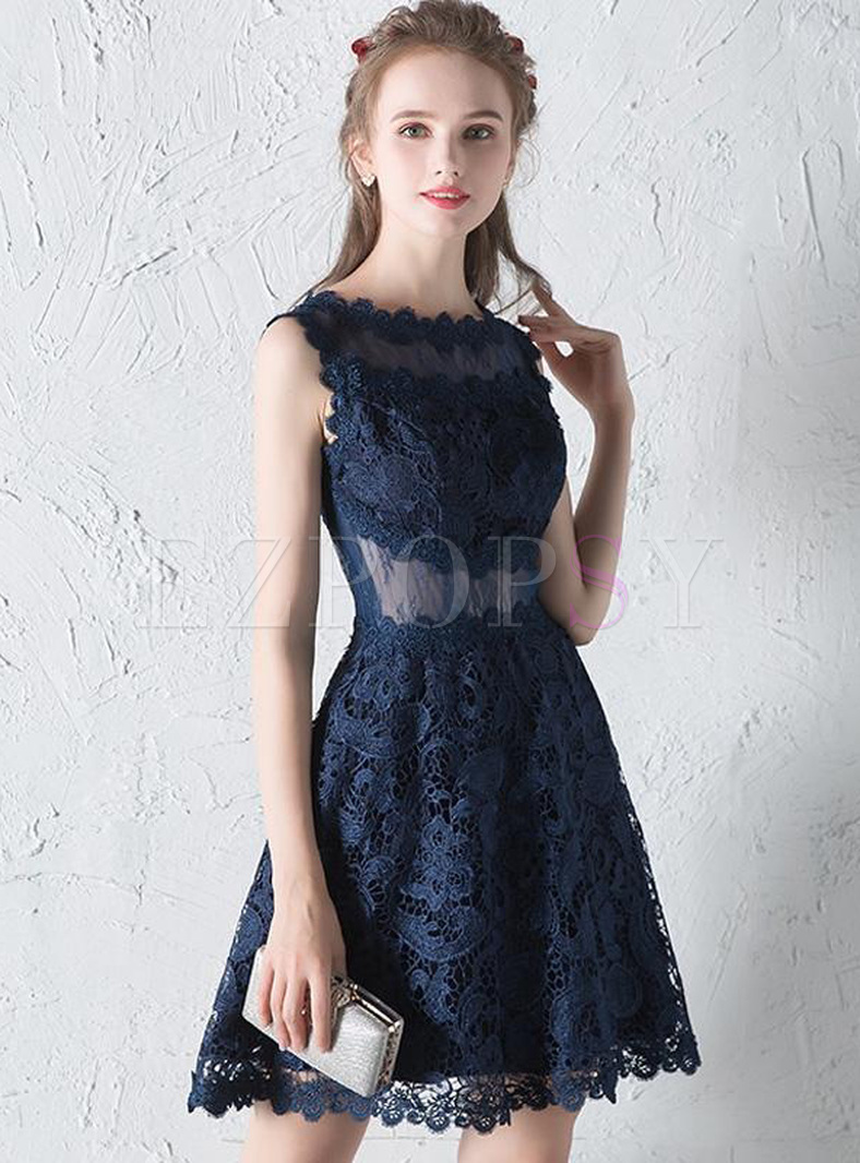 mbroidery Lace Floral Mesh Contrast O-Neck Sleeveless Dresses