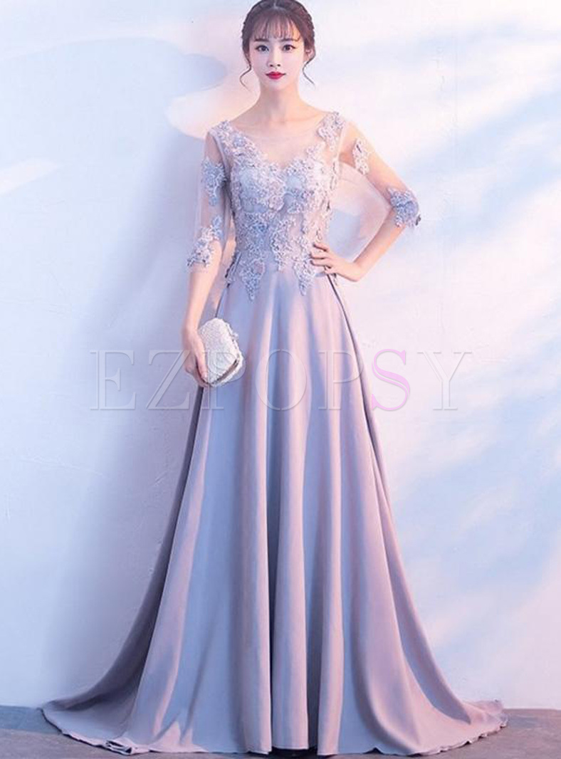Lace Applique Solid Color O-Neck Backless Elegant Tailing Evening Dresses