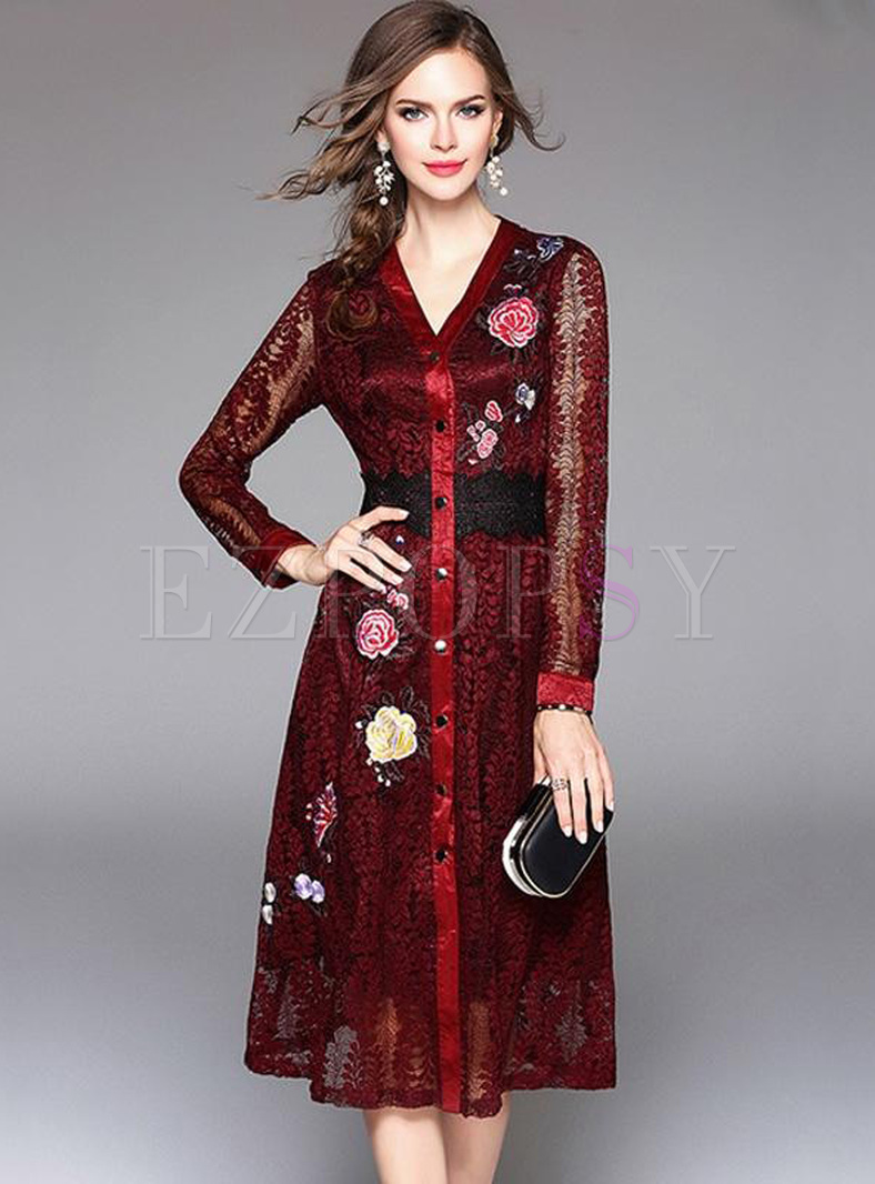 Embroidery Hollow Out Contrast V-Neck Long Sleeves Dresses