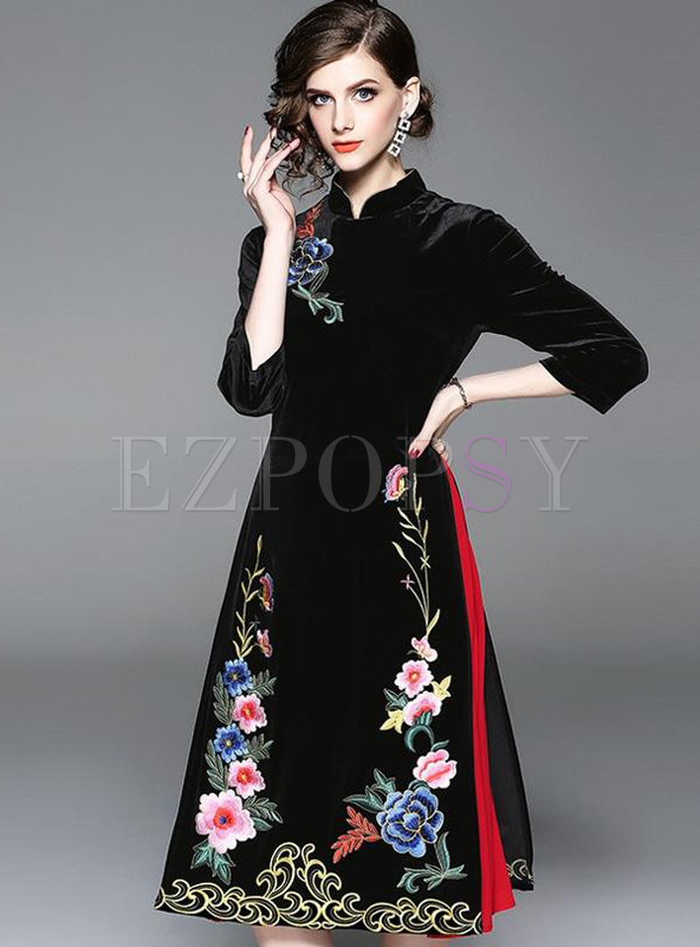 Embroidery Zipper Stand Collar Seven-Tenths Sleeves Dresses