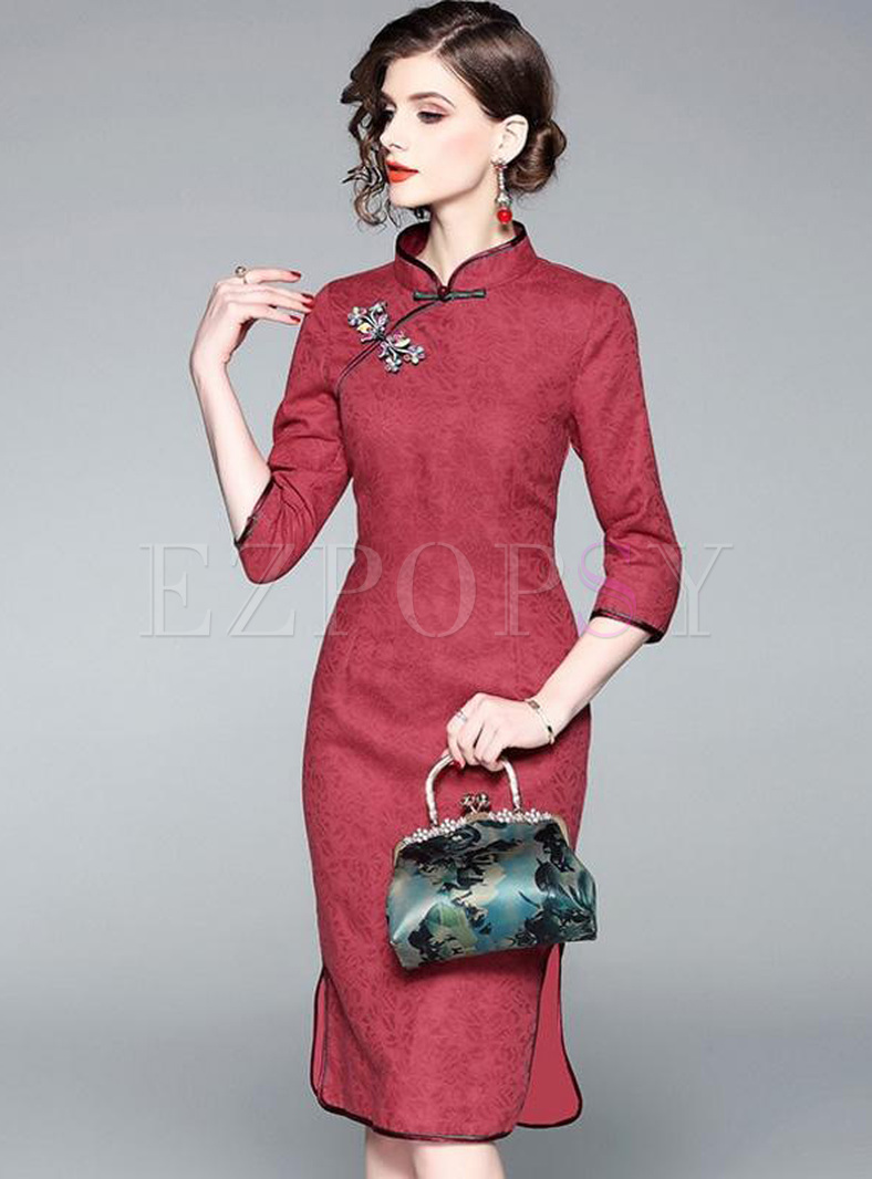 Printing Stand Collar Seven-Tenths Sleeves Midi Dresses