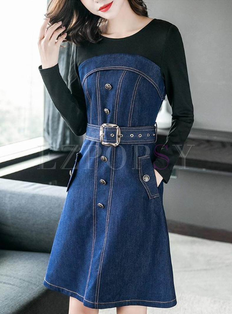 Contrast Solid Color Zipper O-Neck Long Sleeves Midi Dresses