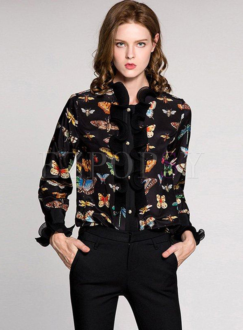 All-Match Printing Ruffled Stand Collar Long Sleeves Women's Blouses