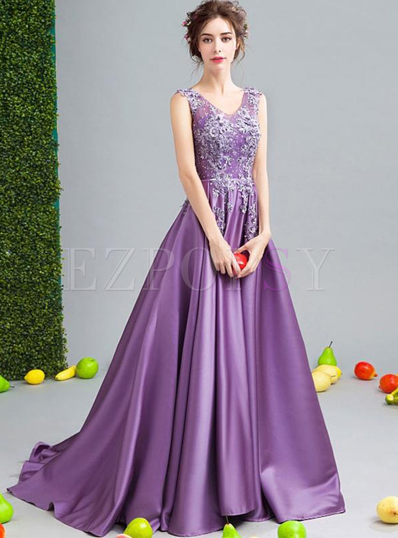 Embroidery Lace Deep V Neck Sleeveless Purple Tailing Dresses