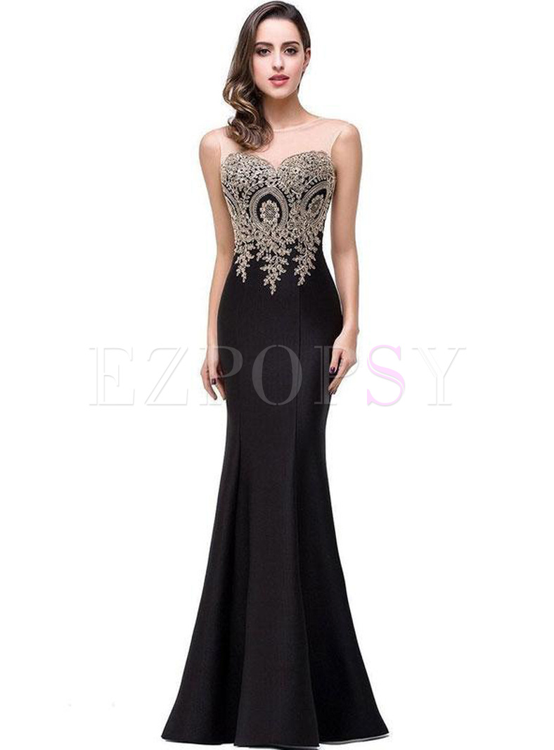 Embroidery Sequined Contrast O-Neck Sleevesless Evening Dresses