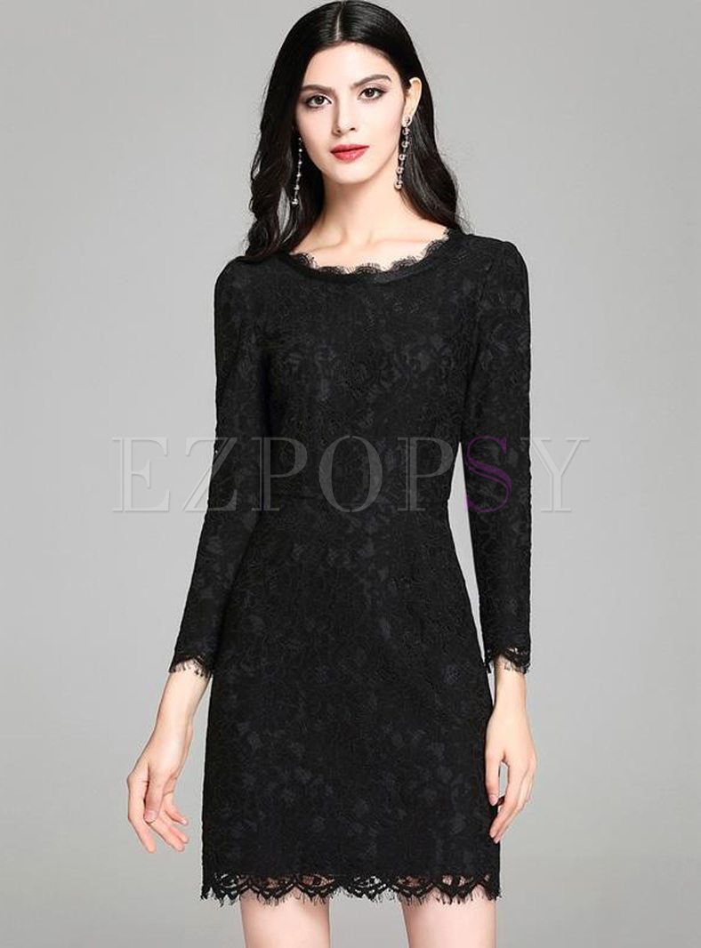 Lace Solid Color O-Neck Long Sleeves Mini Dresses