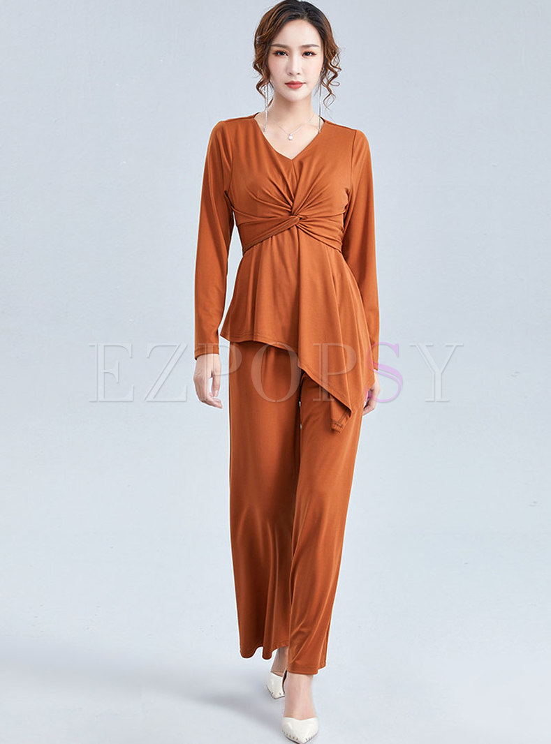 Solid Color V-neck Asymmetric Knitted Two Piece Pants