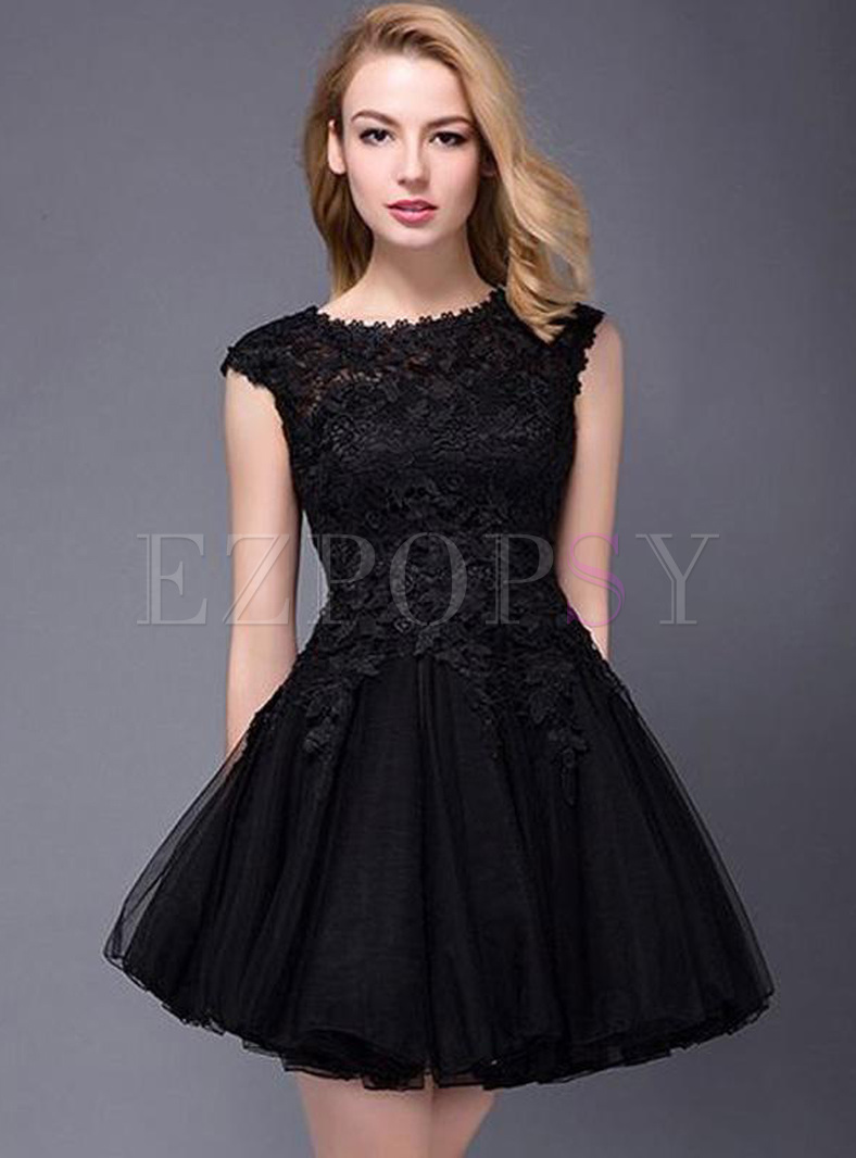 Lace Solid Color Sleeveless High Waist Mini Dresses
