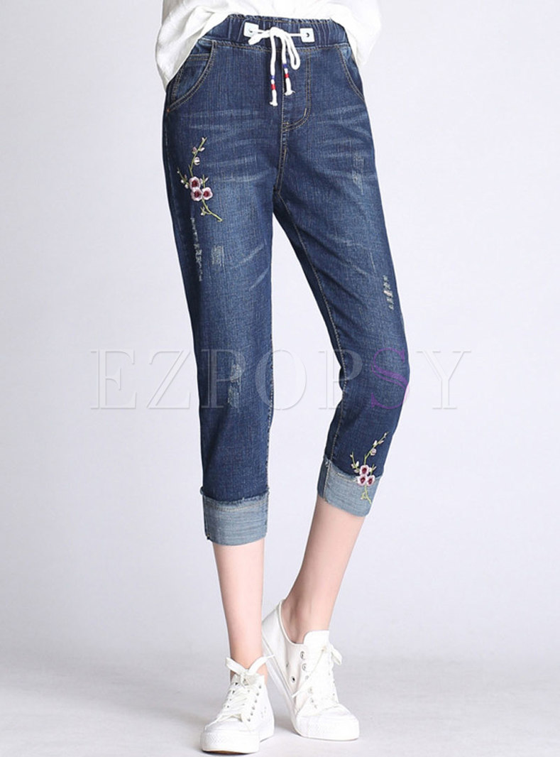 Brief Embroidered High Elastic Tied Pencil Pants 