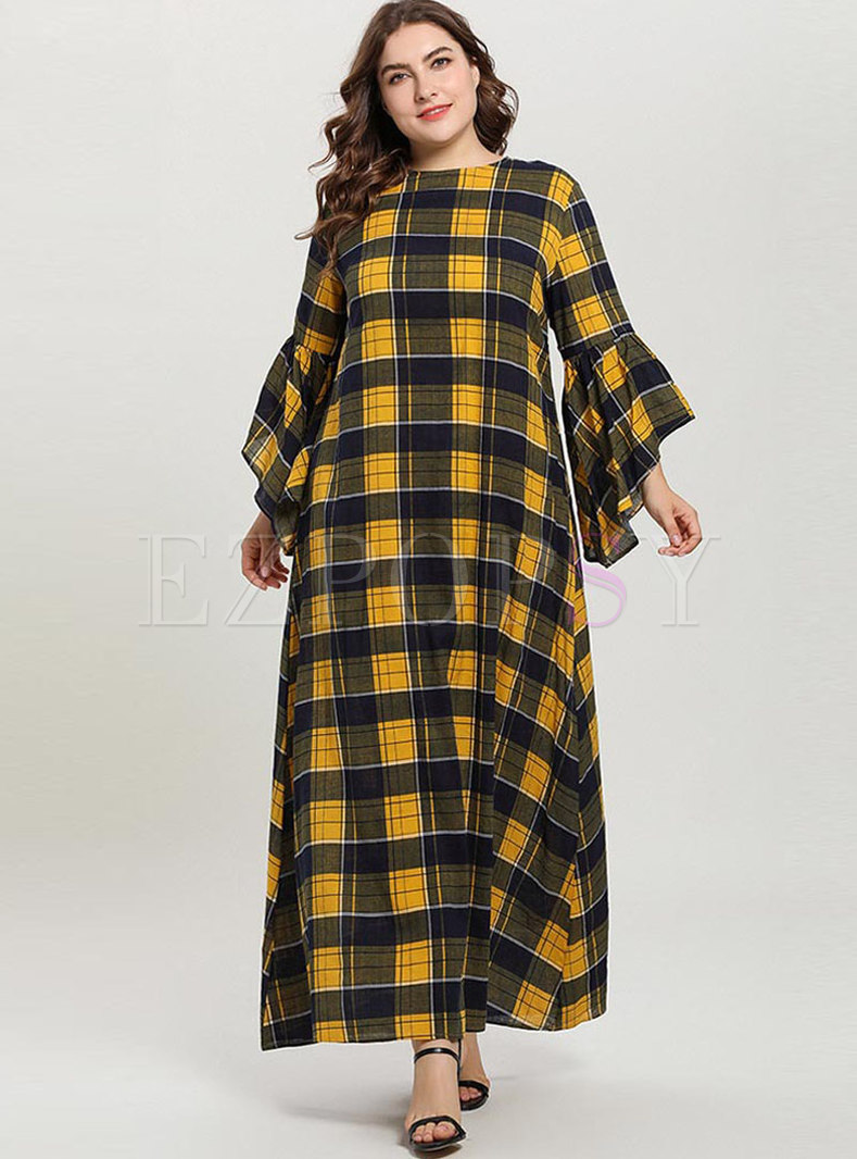 Plaid Loose Plus Size Flare Sleeve Maxi Dress