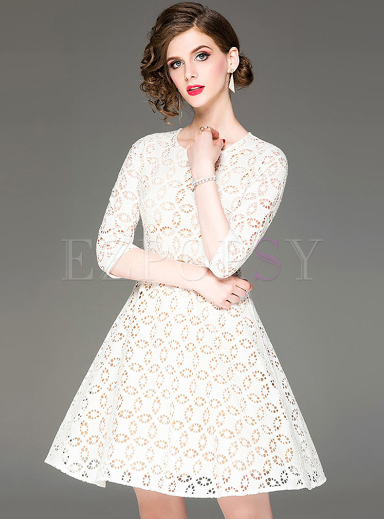 Stylish Embroidered Hollow Out Waist A Line Dress