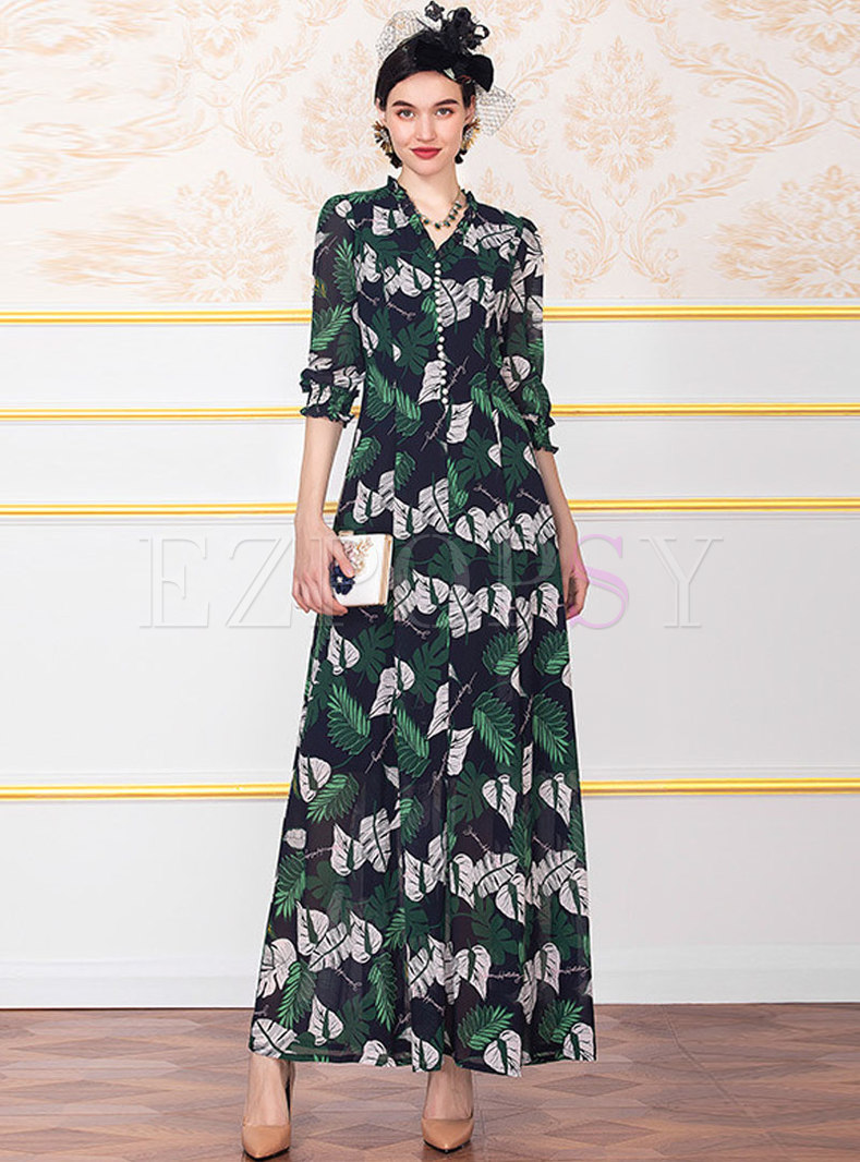 Elegant Color-blocked Print Big Hem Maxi Dress