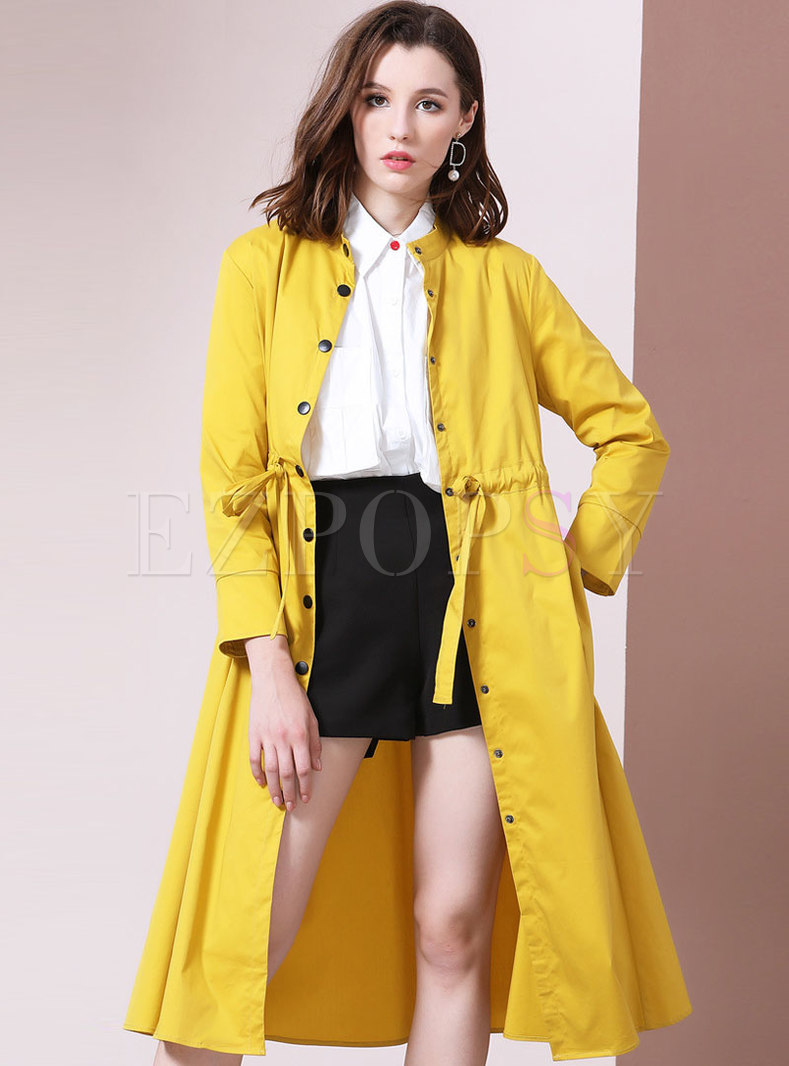 Pure Color Gathered Waist Loose Trench Coat