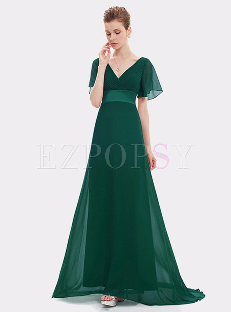 Contrast Solid Color V-Neck Bell Sleeve Evening Dresses